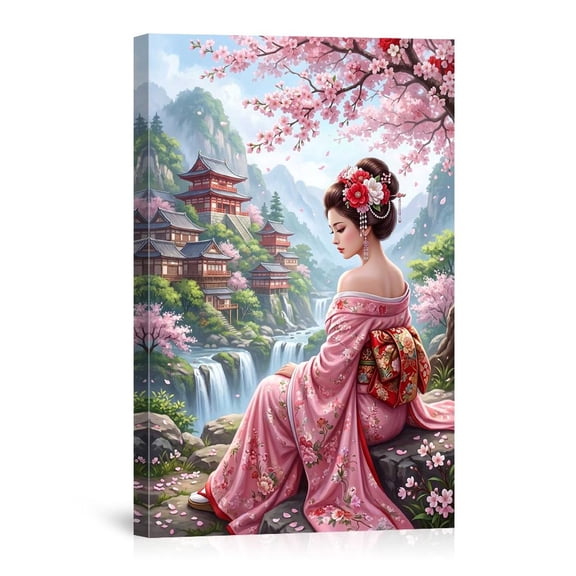 Japanese Geisha With Cherry Blossoms Temples Traditional Kimono For Home Living Room Canvas