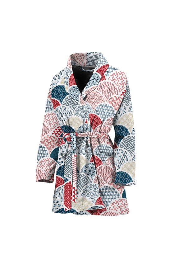 Japanese Geometric Pattern Women Bathrobe One Size Univeral Fits, Japanese Style Vibe Fashion Lightweight Plush Fleece Long Robe For Women