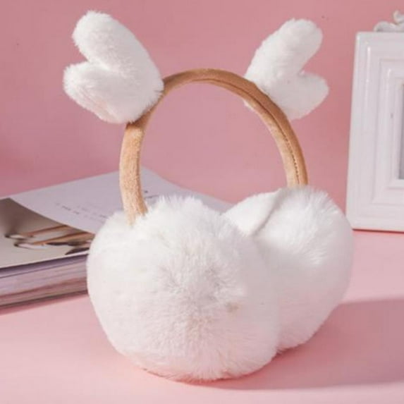 Japanese Girl Earmuffs Furry Faux Rabbit Fur Ear Muffs for Women Lovely Deer Ear Warmer Plush Winter Ear Cover Christmas 귀마개 (WHITE)