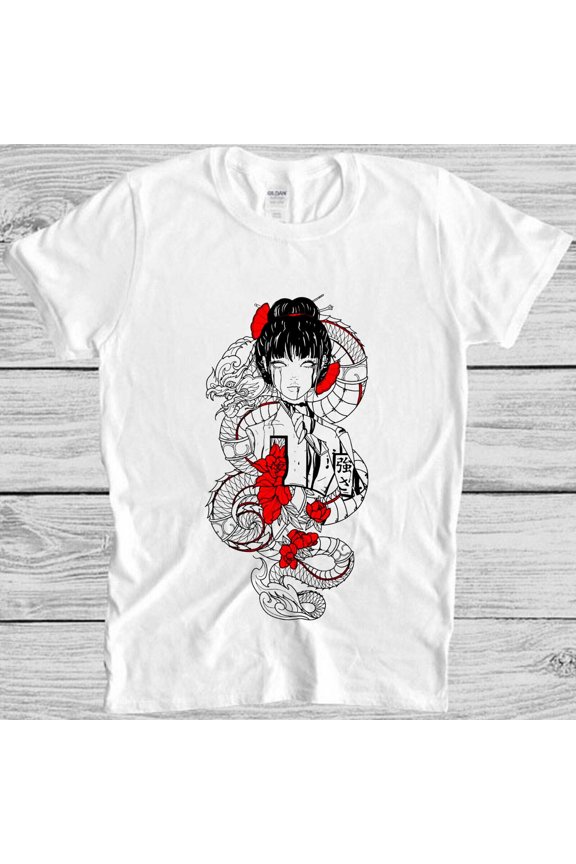 Japanese Girl With Snake And Roses Manga Anime Meme Funny Gift Tee T Shirt M1062