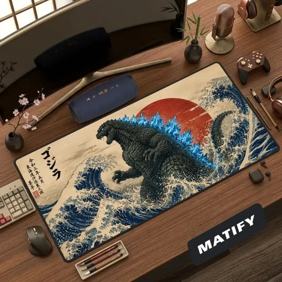 Japanese Godzilla Great Wave Desk Mat | Kaiju Rising Sun Large Mouse Pad | Minimalist Vintage Ukiyo-e Ocean Art Desk Accessory, Aesthetic.