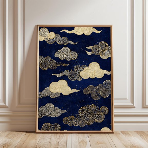 Japanese Gold Cloud Art Print Navy Celestial Japandi Decor Home Decor Office Wall Art