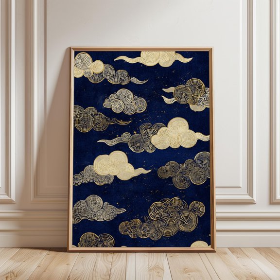 Japanese Gold Cloud Art Print Navy Celestial Japandi Decor, Unframed Paper Print