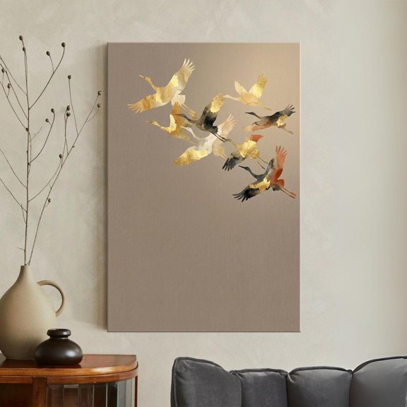 Japanese Gold Cranes Print Flying Birds Wall Art Asian Beige Japandi Decor, Unframed Canvas 8x10in
