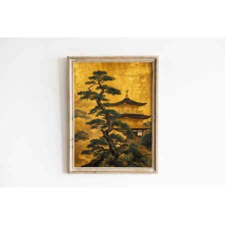 Japanese Gold Pagoda Wall Art Print With Edo Byobu And Architecture Decor Unframed Paper Print
