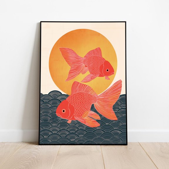 Japanese Goldfish Art Print Minimalist Koi Fish Poster Sunset Ocean Waves Wall Decor
