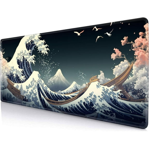 Japanese Great Wave Gaming Mouse Pad XL, Colorful Patterns Desk Mat, Cute Gamer Aesthetic Mousepad, Extended Mousepad, Non-Slip Rubber Base Desk Pad for Office-31.5 X 11.8 Inch