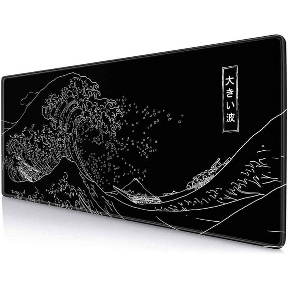 Japanese Great Wave Large Mouse Pad, Black Gaming Mouse Pad Anime XL, Extended Kanagawa Desk Pad, Non-Slip Rubber Base Long Computer Mice Pad for School Home Office, 31.5x11.8 inch