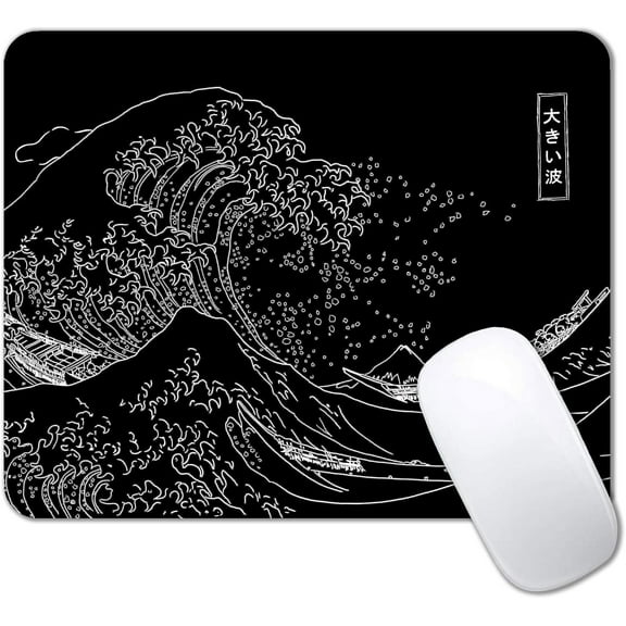Japanese Great Wave Mouse Pad, Black Anime Gaming Mouse Pad, Kanagawa Mousepad, Non-Slip Rubber Base Computer Mice Pad for School Home Office, 9 x 8 Inch