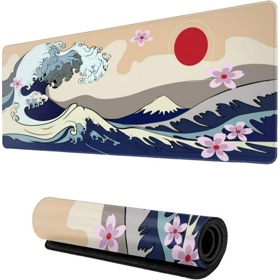 Japanese Great Wave Red Sun Gaming Mouse Pad XL, Extended Large Full Desk Mousepad 31.5 X 11.8 Inch, Waterproof Big Mouse Pad with Stitched Edge, Non-Slip Long Keyboard Mat for Office & Home Caburywe