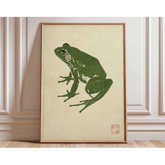 Japanese Green Frog Woodblock Wall Art Print, Unframed Paper Poster 24x36in