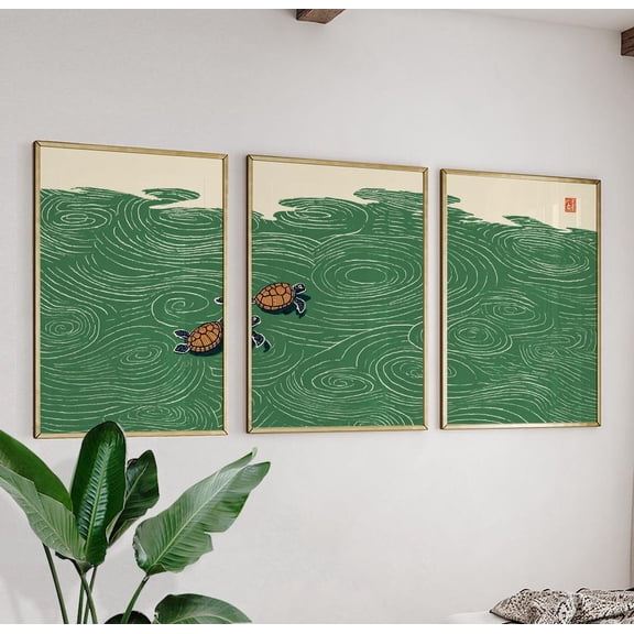 Japanese Green Wave Sea Turtle Wall Art Prints, Coastal Home Decor Set