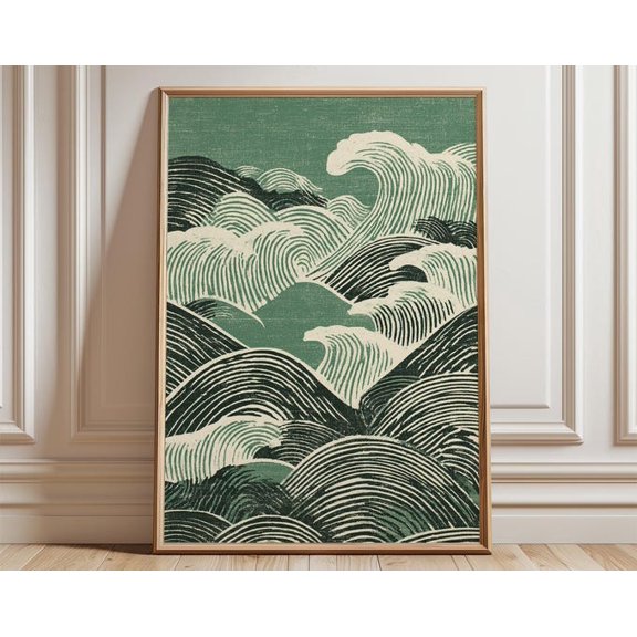 Japanese Green Waves Ocean Wall Art Print, Unframed Paper Poster 8x10in