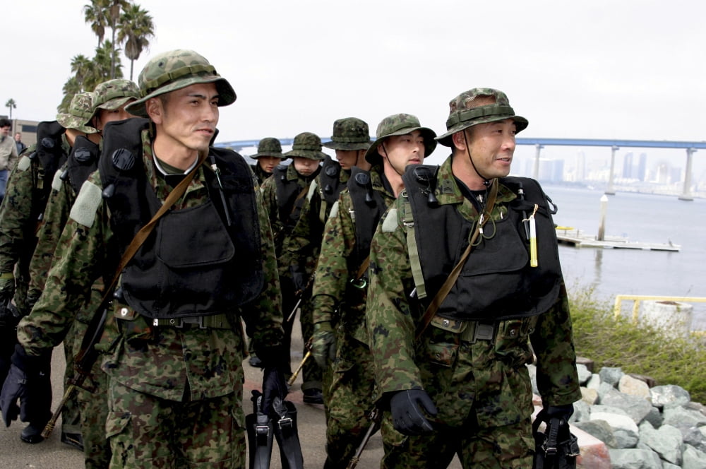 Japanese Ground Self Defense soldiers march along the San Diego Bay Canvas Art - Stocktrek Images (34 x 23)