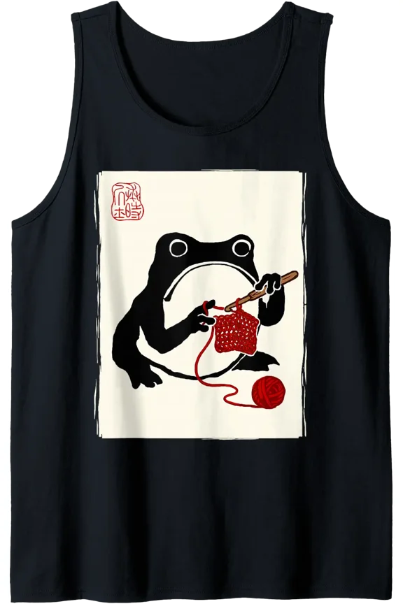 Japanese Grumpy Frog Knitting Sewing Crochet Tank Top Size S-3XL