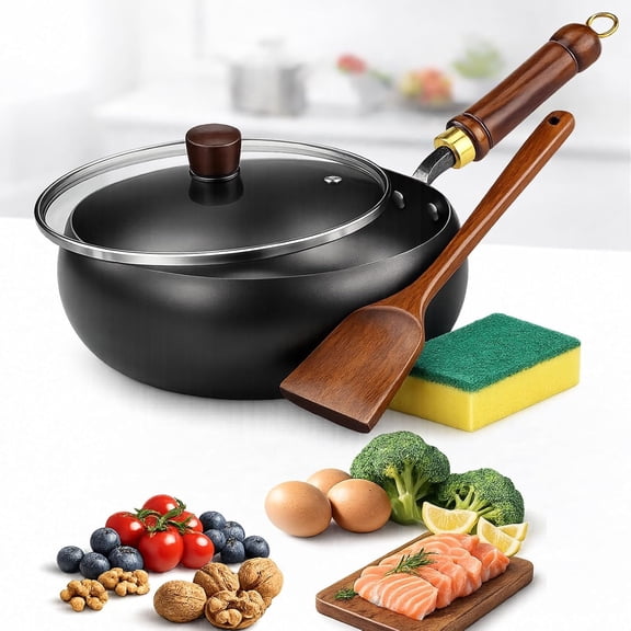 Japanese Hand-Hammered Cast Iron Wok with Lid & Spatula – Uncoated Naturally Nonstick Frying Pan, Cookware for Induction, Gas & Electric Stoves