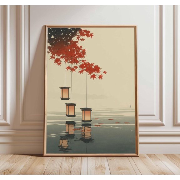 Japanese Hanging Lantern Maple Leaves Poster Unframed Paper Print