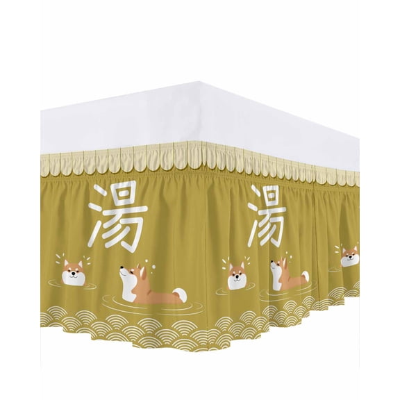 Japanese Harmony Akita Bed Skirt Queen Size 16 Inch Drop, Cute Dog Wave Texture Wrap Around Dust Ruffle Bedskirts, Wrinkle & Fade Resistant Easy Fit Bedskirt with Adjustable Elastic