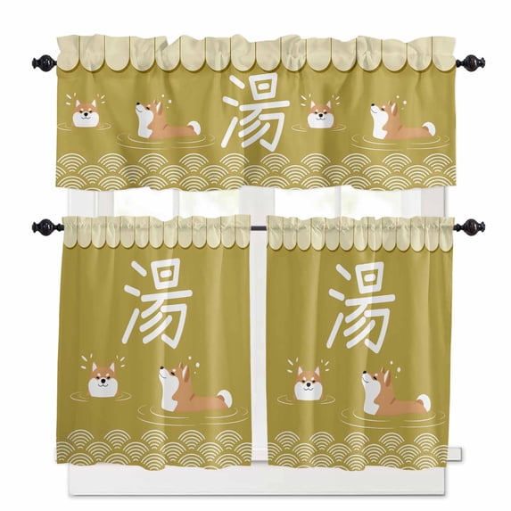Japanese Harmony Akita Kitchen Curtains and Valances Set, Cute Dog Wave Texture Rod Pocket Window Valance 18 Inch Window Curtain Panels for Living Room Bedroom Laundry, 27.5x36in, 3 Pieces