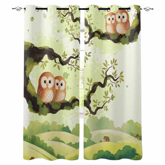 Japanese Harmony Blackout Curtains for Bedroom Living Room Darkening Curtains 63 Inches Long Green Branch Owl Forest Country Window Curtain 2 Panels Set Window Treatment Grommet Drapes 42"x63"
