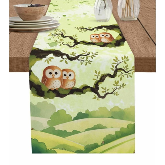 Japanese Harmony Burlap Cotton Table Runner 13x90 Inches Long, Green Branch Owl Forest Country Farmhouse Table Runners, Outdoor Dining Tablecloths Decor for Baby Shower/Party/Wedding