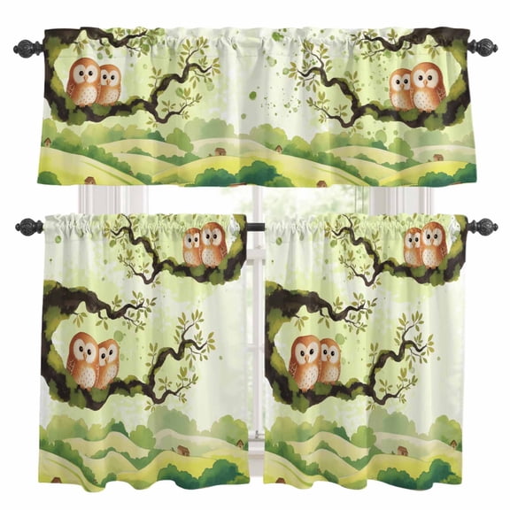 Japanese Harmony Kitchen Curtains Sets for Windows 36 Inch Length, Green Branch Owl Forest Country Rod Pocket Window Treatments Tier Curtains and Valances Set for Bedroom/Bathroom