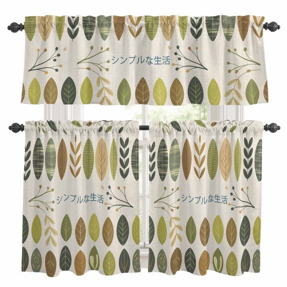 Japanese Harmony Kitchen Curtains Sets for Windows 36 Inch Length, Green Leaves Botanical Pastoral Rod Pocket Window Treatments Tier Curtains and Valances Set for Bedroom/Bathroom