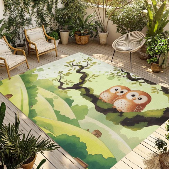 Japanese Harmony Outdoor Rug 5x8 Ft - Reversible Patio Rug Outdoor Camping Rugs, Green Branch Owl Forest Country Washable Indoor Outdoor Area Rugs, Non-Slip Outdoor Carpet Runner for Deck/Porch