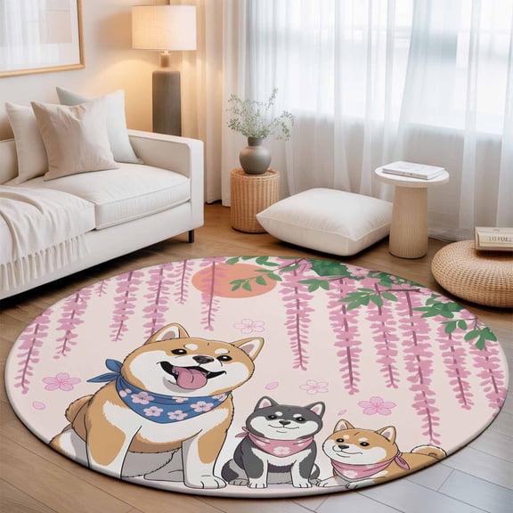 Japanese Harmony Round Living Room Rugs 6 ft, Cute Akita Cherry Blossoms Cartoon Washable Area Rug with Non-Slip Sturdy Edge Binding Round Carpet for Kitchen Office Bedroom