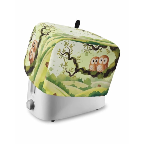 Japanese Harmony Toaster Cover 2 Slice, Small Kitchen Appliance Covers, Green Branch Owl Forest Country Toaster Oven Cover with Loop, Bread Machine Cover Polyester Dust Cover Protection