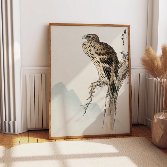 Japanese Hawk Washi Ink Mountain Landscape Wall Decor Unframed Paper Print