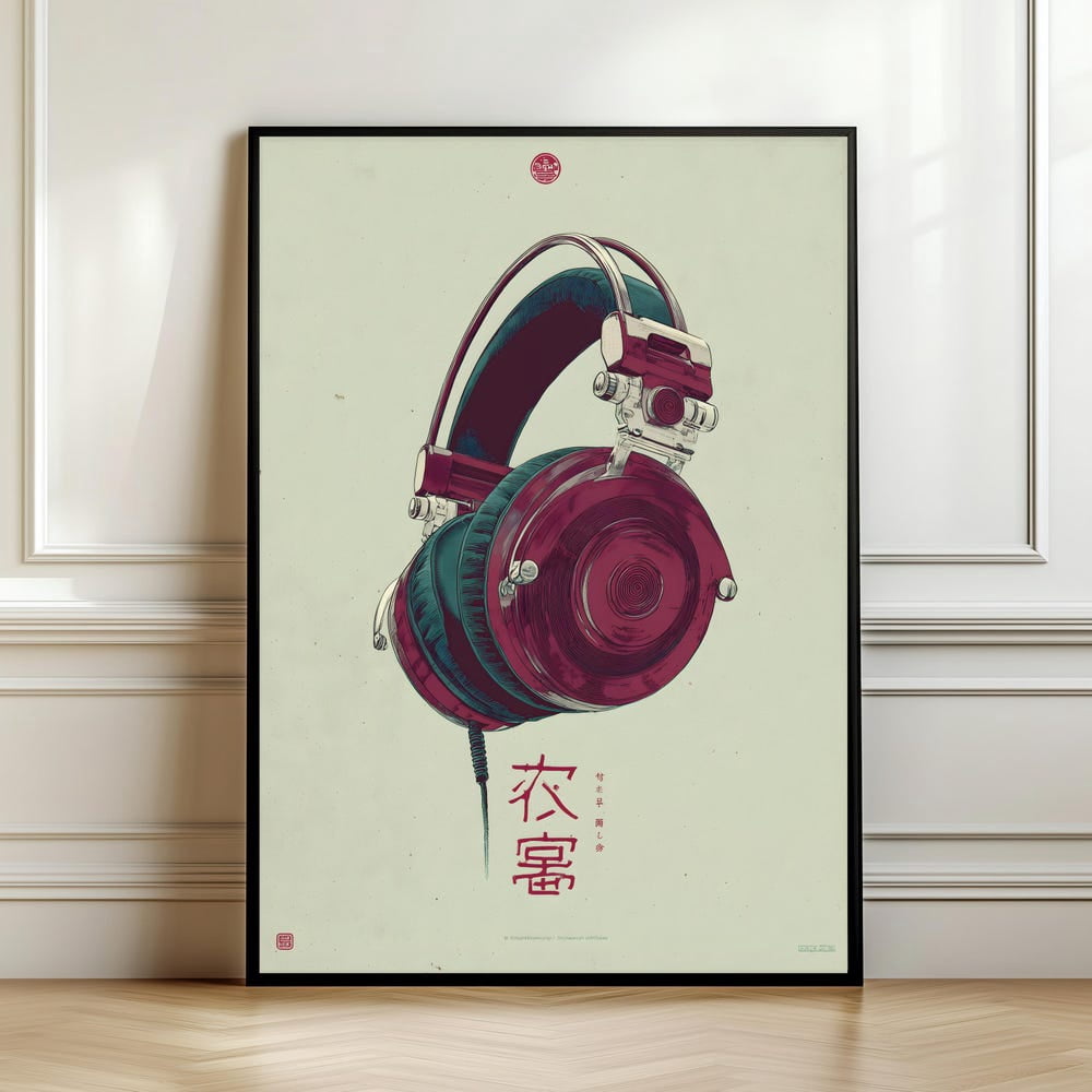 Japanese Pouch Design Japanese Headphones Poster, Vintage Music Illustration, Retro Audio ...