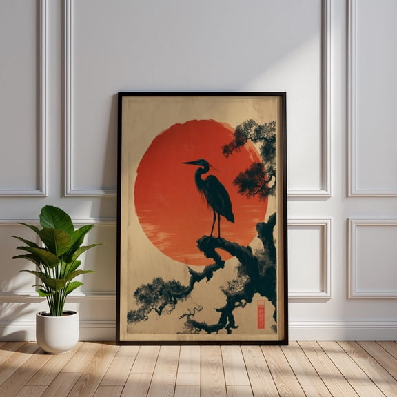 Japanese Heron Wall Art, Vintage Red Sun Bird Print, Oriental Zen Decor, Ukiyo-e Style Crane Poster, Antique Asian Nature Illustration, Zen , Poster Print Only