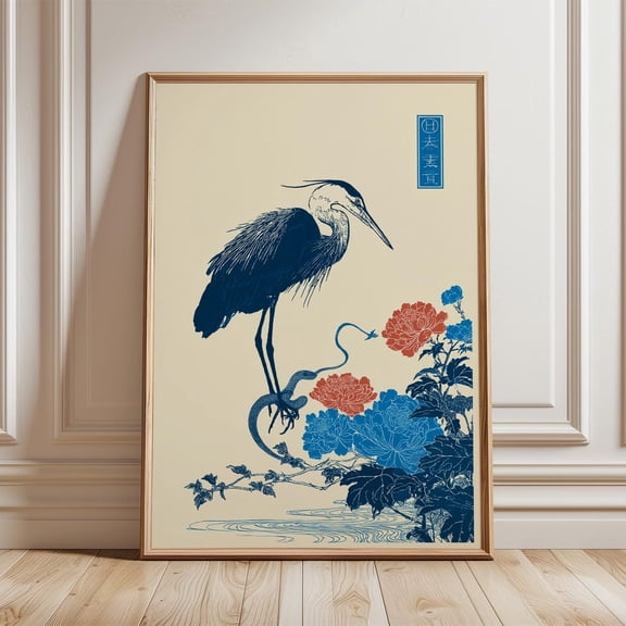 Japanese Heron and Snake Poster Elegant Oriental Wall Art with Red and Blue Peonies Minimal Ink Illustration Zen Nature Home Decor