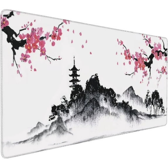 Japanese Hills Cherry Blossom Floral Desk Mat,Extended Gaming Mouse Pad Large Non-Slip Rubber Base Mousepad with Stitched Edges,Waterproof Desk Pad for Computer/Laptop/Work/Office/Home 31.5" X 15.7"