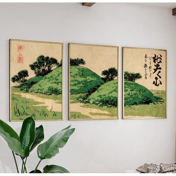 Japanese Hillside Landscape Green Nature Art Triptych, Poster Only