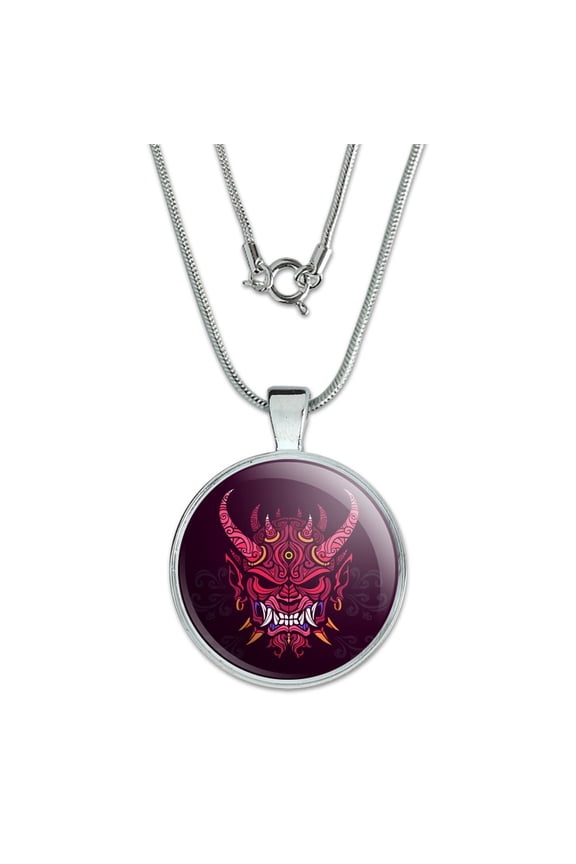 Japanese Horned Demon Mask Oni 1" Pendant with Sterling Silver Plated Chain