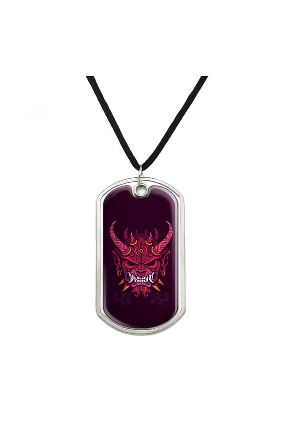 Japanese Horned Demon Mask Oni Military Dog Tag Pendant Necklace with Cord