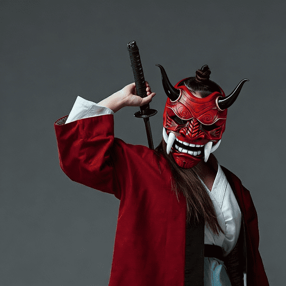 Japanese Horror Full Face Mask 11.8 Inch Scary Cosplay Costume Accessory For Halloween Spooky Houses And Theme Parties Adult Size