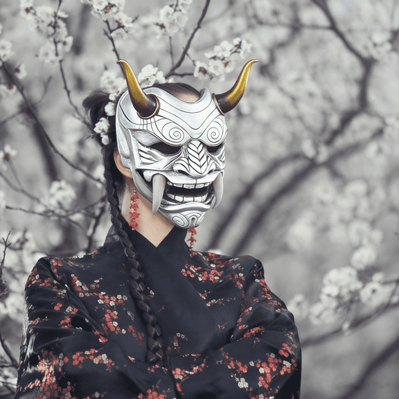 Japanese Horror Full Face Mask 11.8 Inch Scary Cosplay Costume Accessory For Halloween Spooky Houses And Theme Parties Adult Size