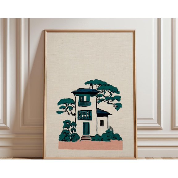 Japanese House Illustration Minimal Architectural Teal Line Wall Art Print, Unframed Paper Poster 8x10in