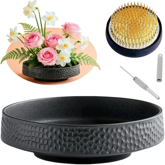 Japanese Ikebana Vase Kit Flower Frog Japanese Flower Arranging Supplies Flower Container with Needle Straightening Tool & Kenzan - 2.4inch Floral Frog (Ikebana Bowl - Hammering Pattern)