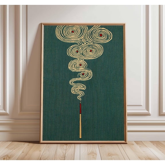 Japanese Incense Art Print, Minimalist Zen Poster, Modern Abstract Wall Art, Calm Meditation Artwork, Green Aesthetic Home Decor