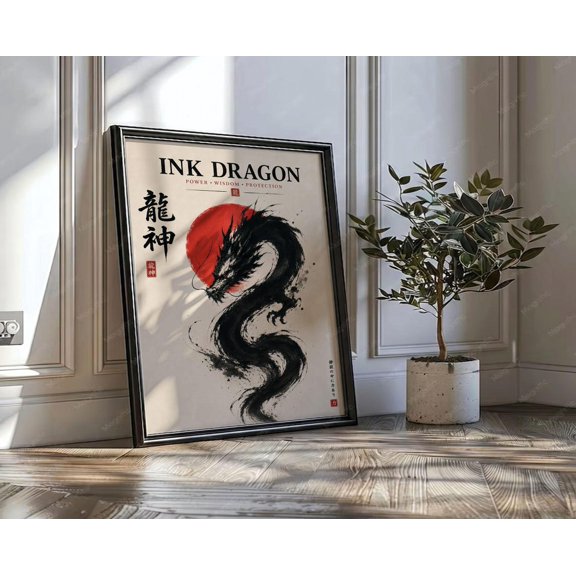 Japanese Ink Dragon Poster, Sumi-e Wall Art Unframed Size 24''x36'' GooGate