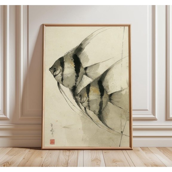 Japanese Ink Fish Koi Minimalist Zen Brush Tranquil Asian Style Artwork, Stretched Canvas 8x10in