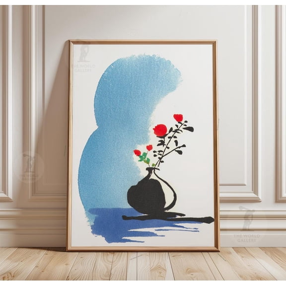 Japanese Ink Floral Minimalist Blue Abstract Zen Wall Art Print