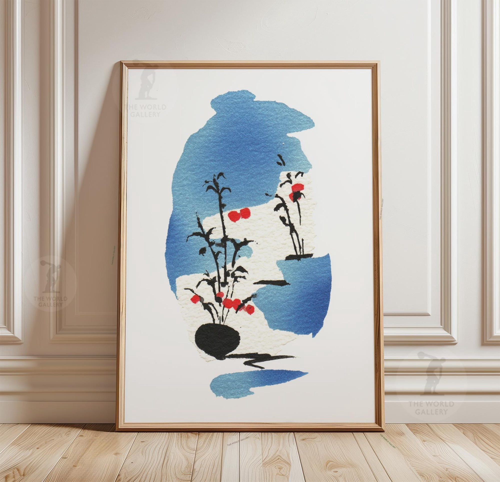 Japanese Ink Floral Print Minimalist Blue Abstract Zen Wall Art