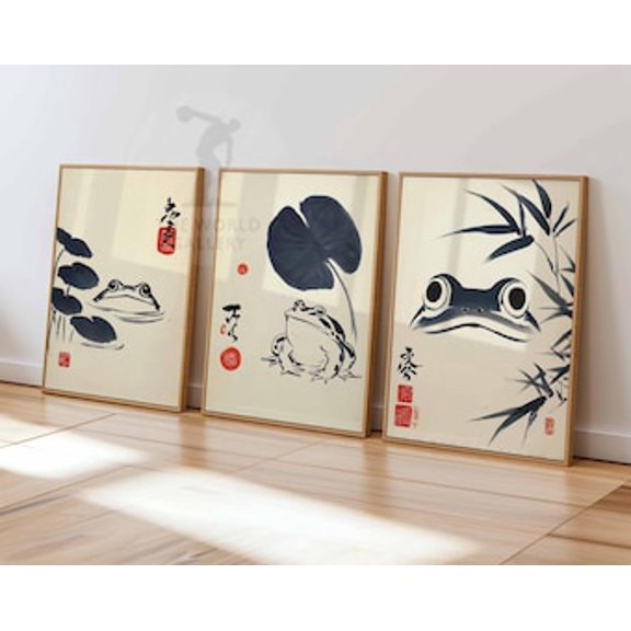 Japanese Ink Frog Print Set, Zen Wall Art, Oriental Illustration, Poster Only