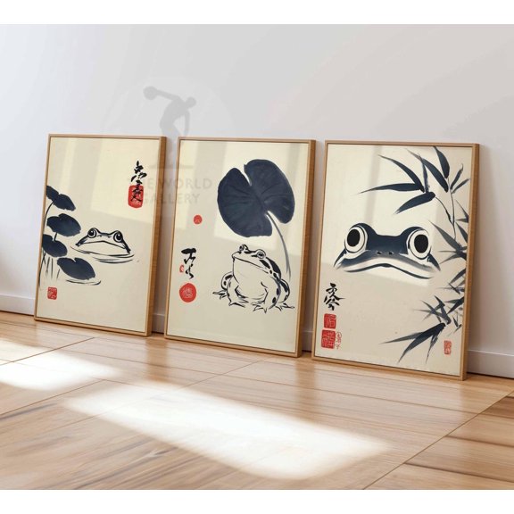 Japanese Ink Frog Zen Frog Wall Art Minimalist Japanese Decor Brush Set 3 Unframed Paper Print 20x30