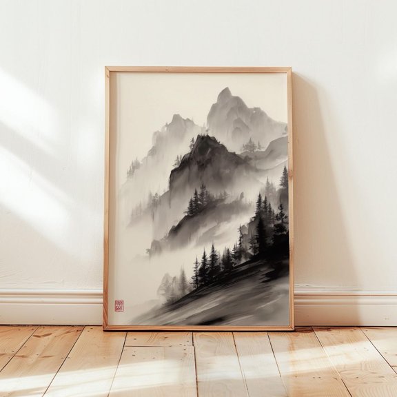 Japanese Ink Mountain Landscape Print Serene Nature Decor Unframed Paper Print